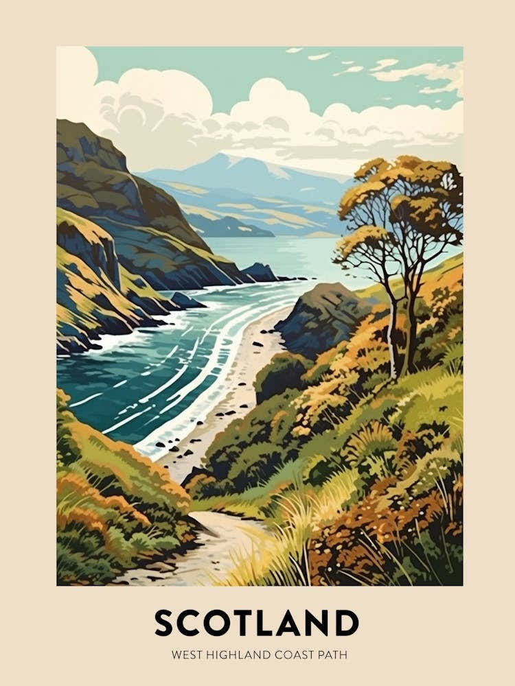 West Highland Coast Path Scotland 3 Vintage Hiking Travel Poster