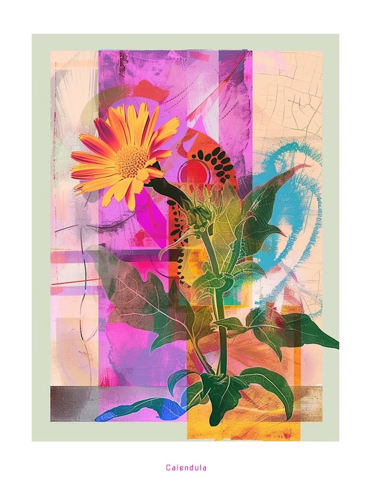 Calendula 3 Neon Flower Collage Poster