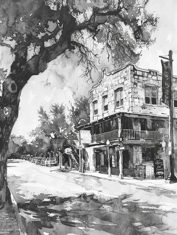 Rainey Street Historic District Austin Texas Black And White Watercolour 3