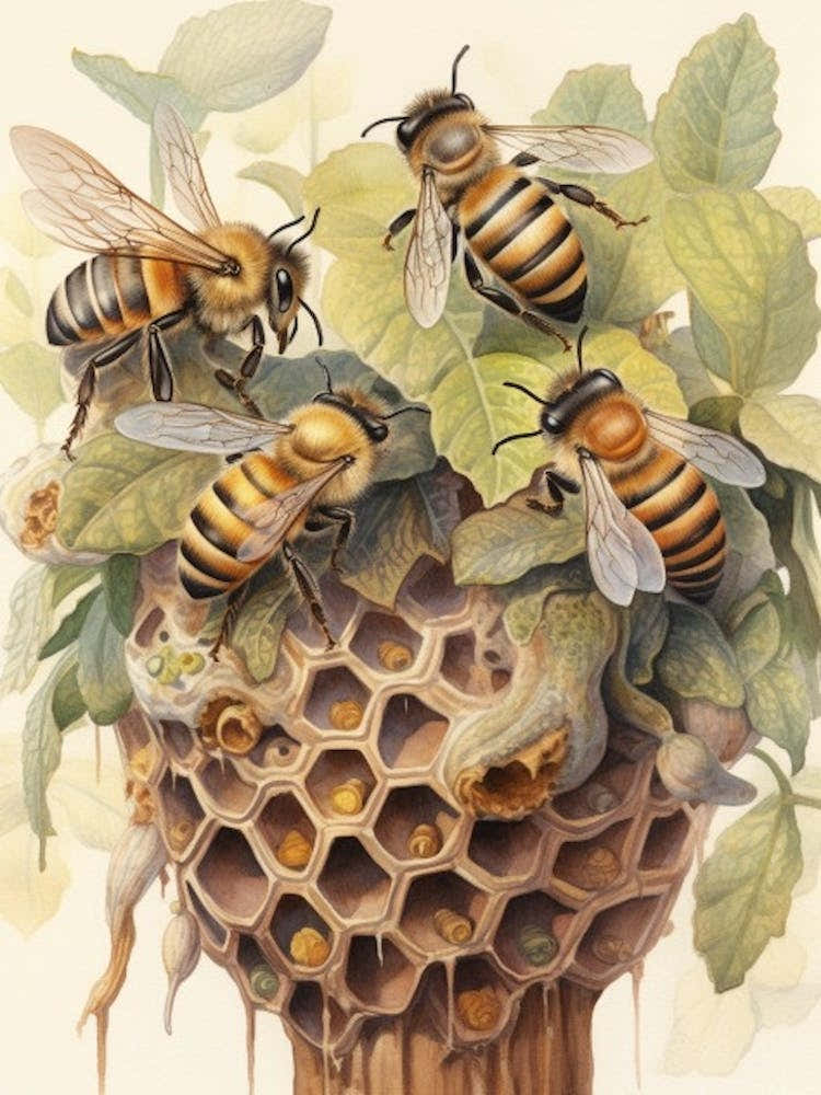 Wool Carder Mimic Bee Beehive Watercolour Illustration 2