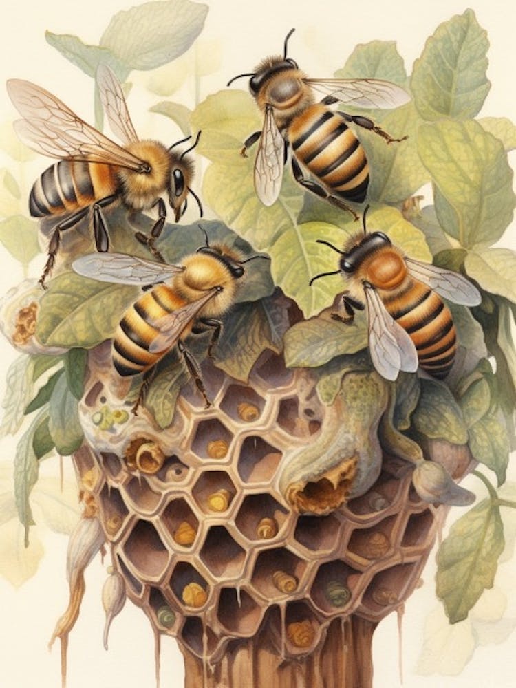 Wool Carder Mimic Bee Beehive Watercolour Illustration 2