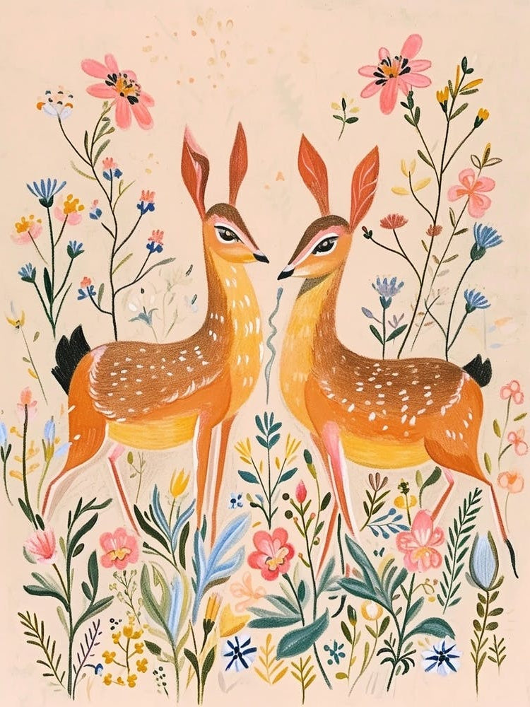 Folksy Floral Animal Drawing Deer 6