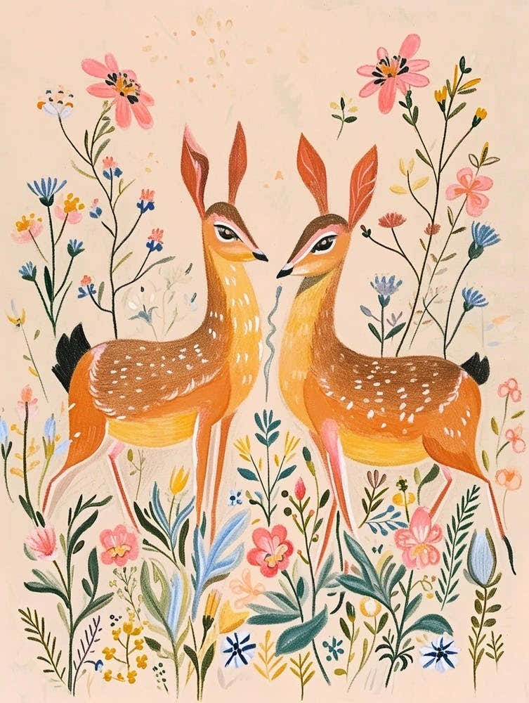 Folksy Floral Animal Drawing Deer 6