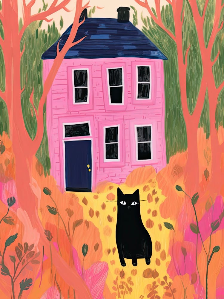 Black Cat And Pink House