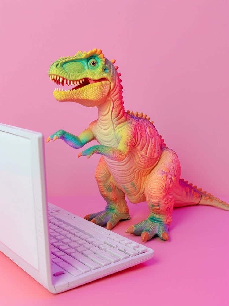 Pastel Toy Dinosaur On The Computer 1