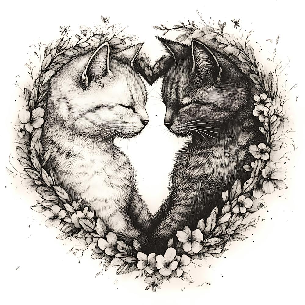 Delicate Ink Drawing of Cats Love Heart 11
