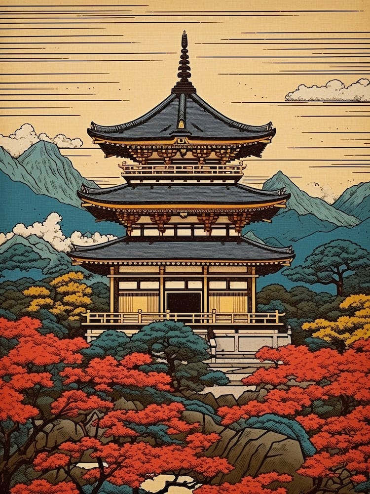 Ryoan Ji Temple, Japan Vintage Travel Art 3