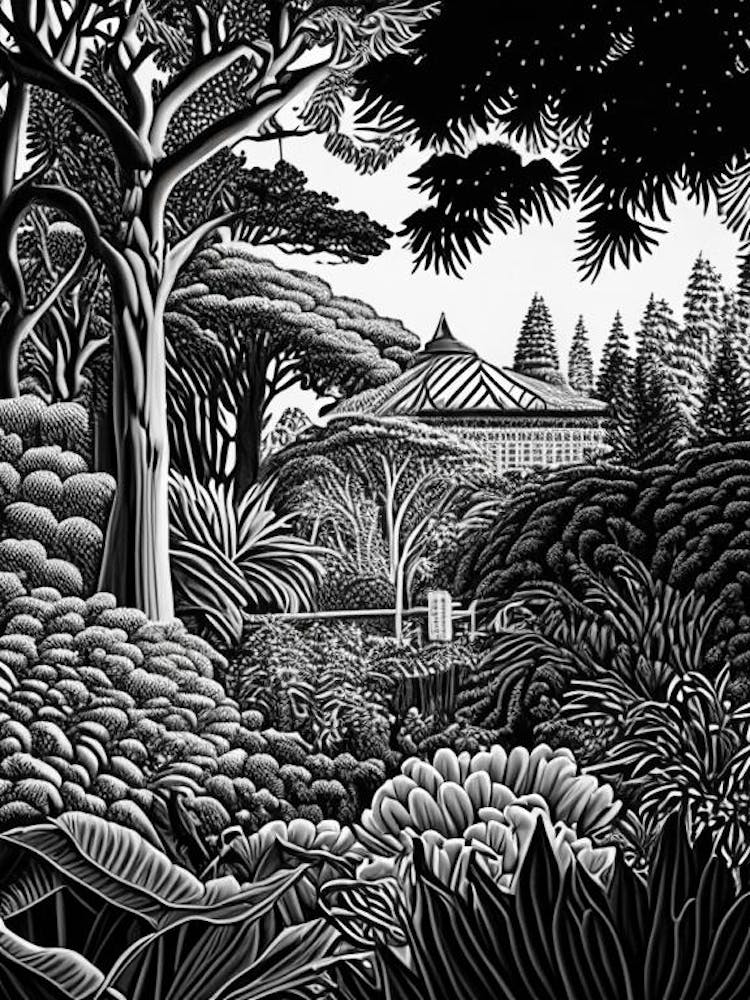 New York Botanical Garden, 1, Usa Linocut Black And White Vintage