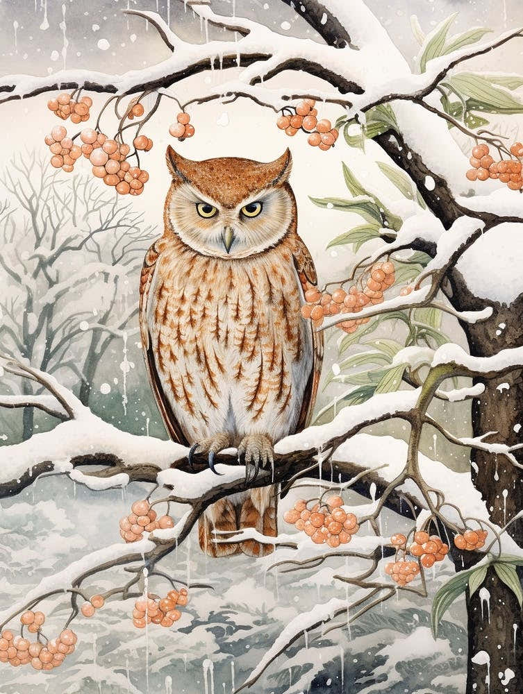 Winter Bird Painting Eastern Screech Owl 1