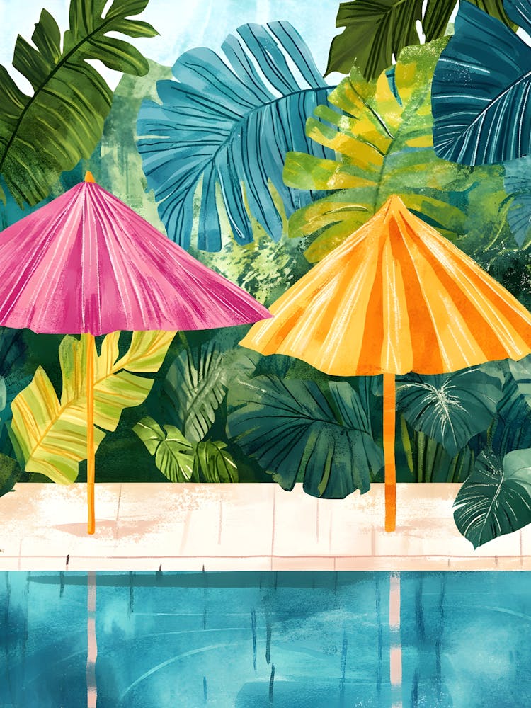 Watercolor Umbrellas By The Pool