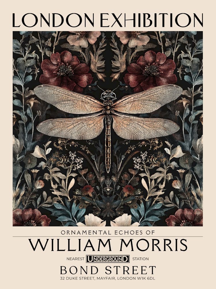 William Morris Dragonfly and floral artwork in Warm earth tones, insect and flower pattern dark academia library Botanical vintage print, living room vintage decor Floral tapestry Victorian nature art 21