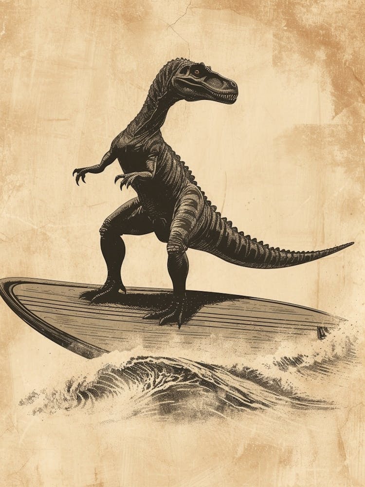 Vintage Spinosaurus Dinosaur On A Surf Board 2