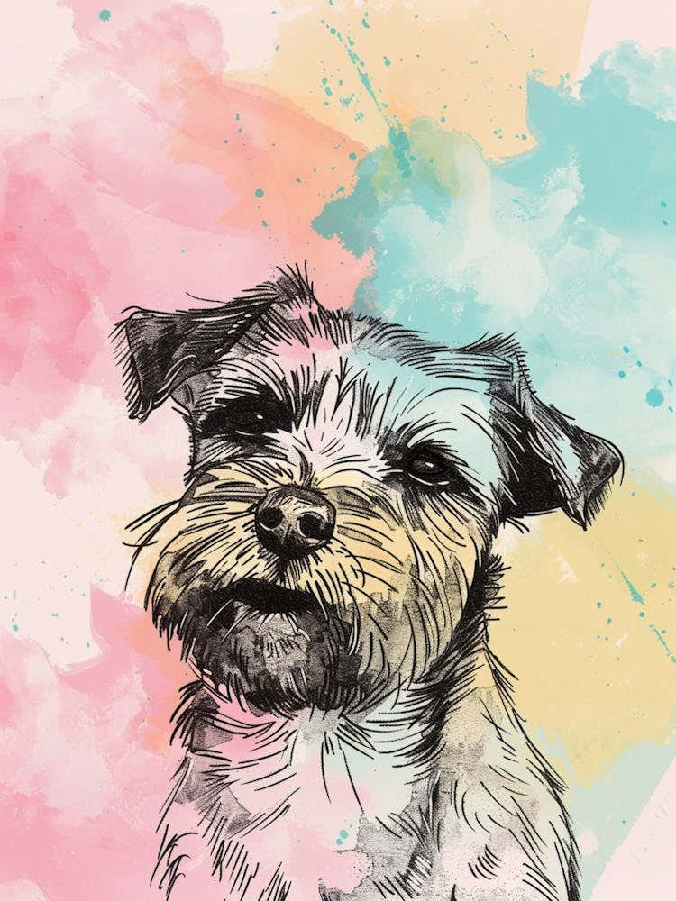 Border Terrier Dog Pastel Line Watercolour Illustration  2