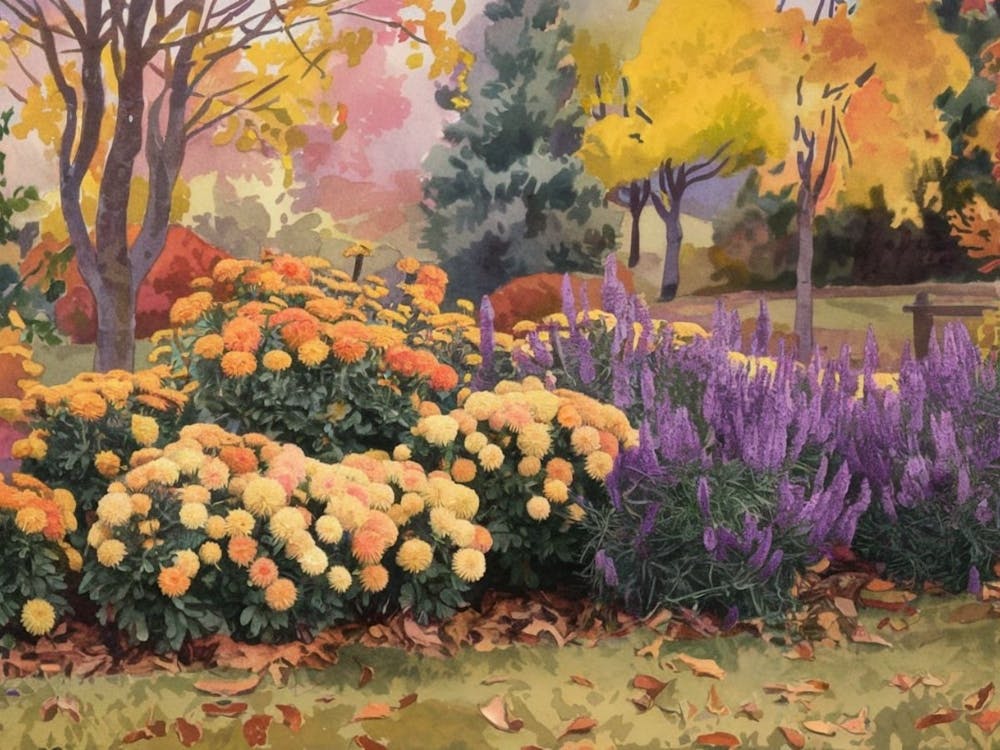 Fall Blooms Garden - Vibrant Chrysanthemum & Purple Sage