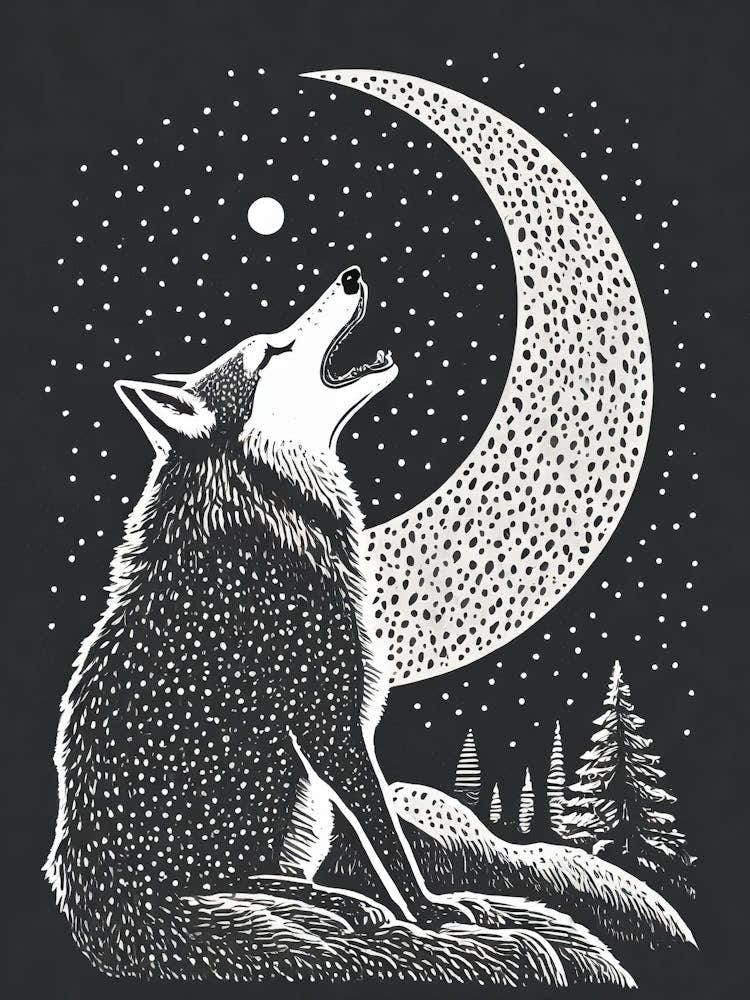 A Wolf Howling At A Crescent Moon