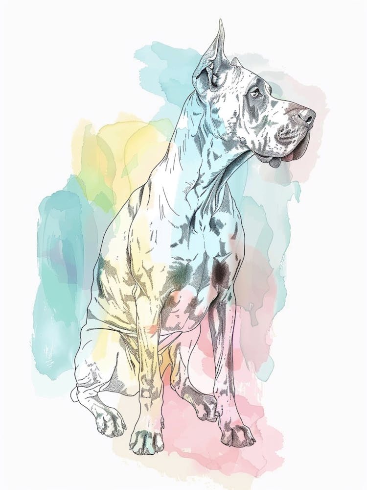 Pastel Great Dane Dog Watercolour Line Illustration 2
