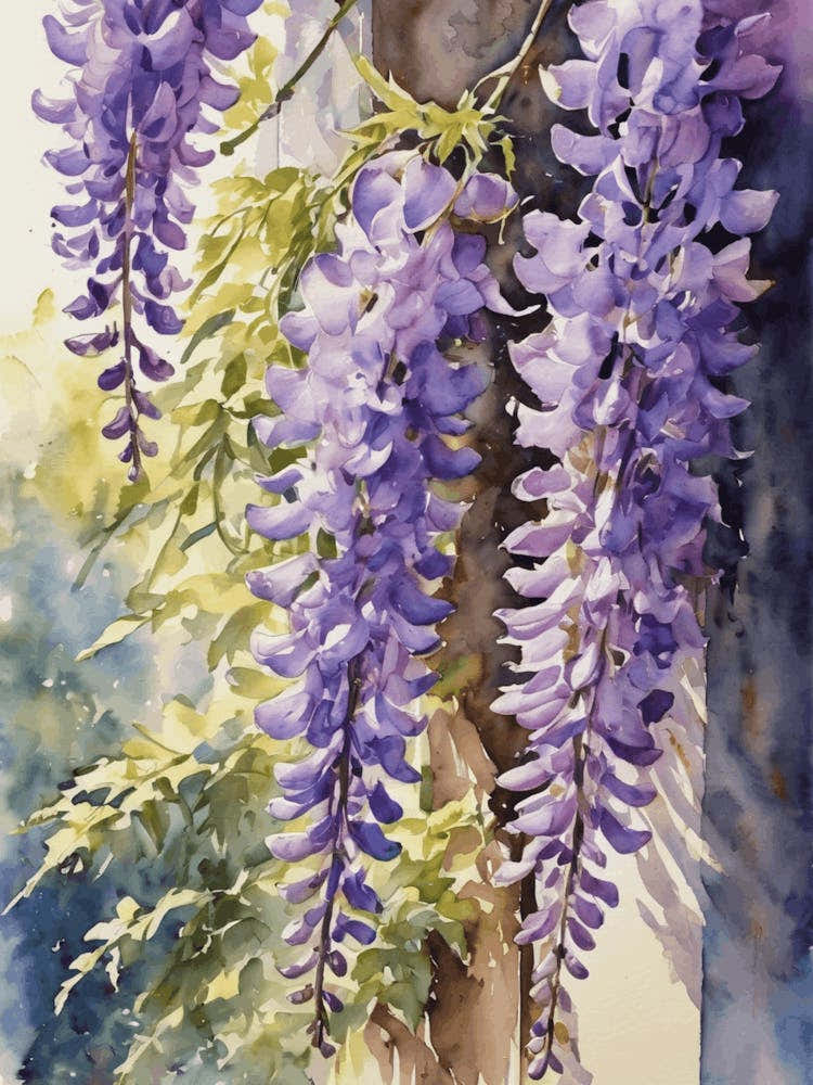 Wisteria Flowers - Summer in an English Garden Watercolor Large Artwork | HD Painting by John Arwen