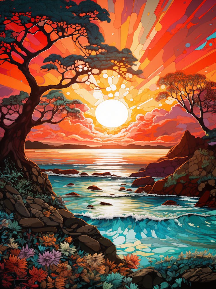 Coral Beach Australia At Sunset, Vibrant Painting 6