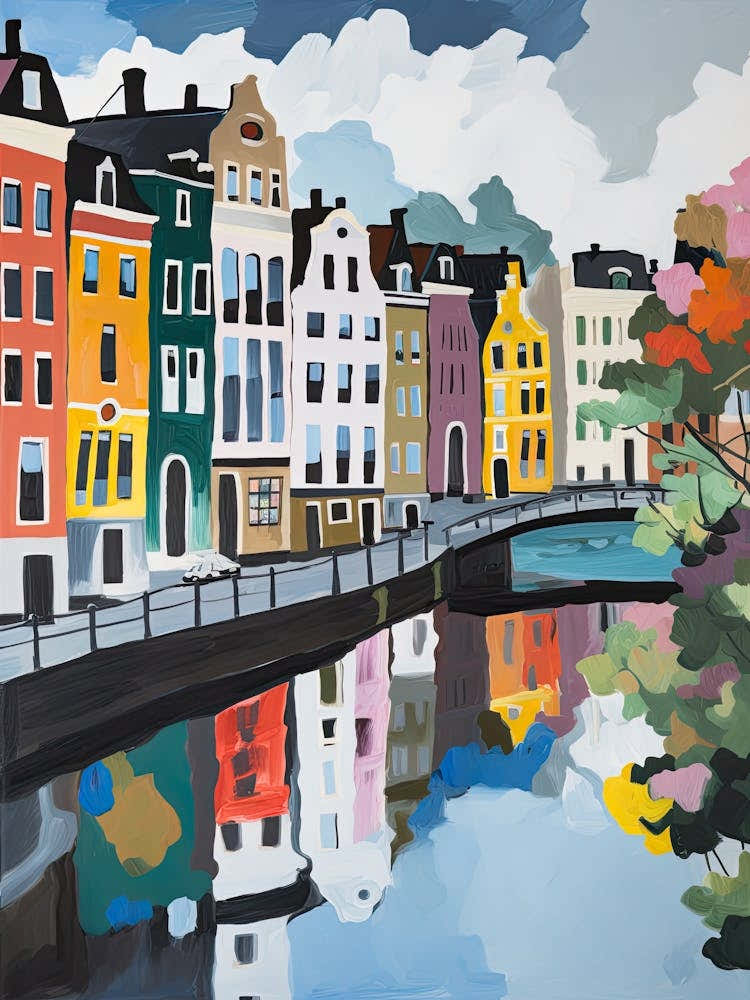 Amsterdam Canal Summer Aerial View Painting 4