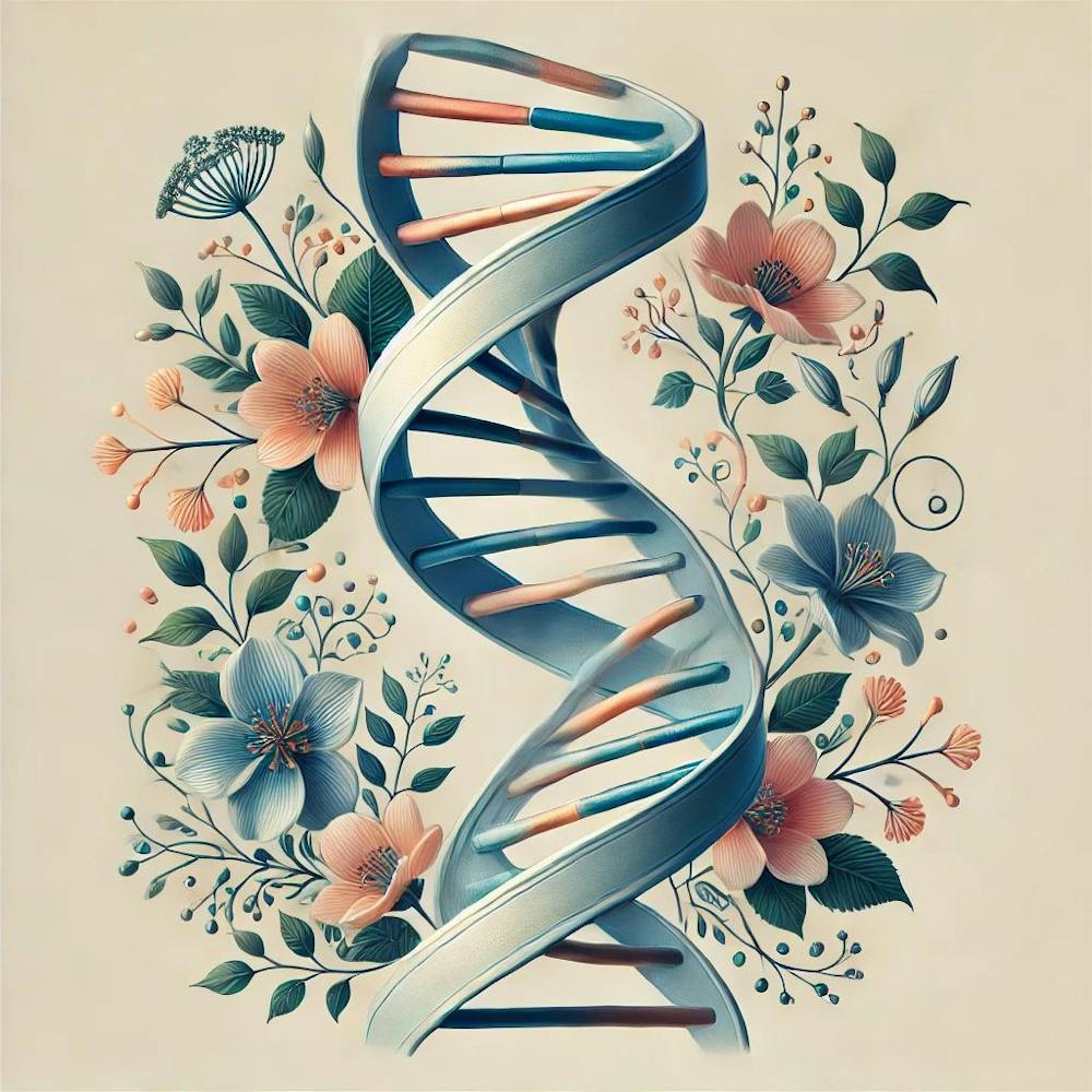 Floral Dna Helix Printed Art A Beautiful Fusion Of Science And Nature, Featuring A Dna Helix With Delicate Floral Accents, Perfect For Medicine Enthusiasts And Adding Elegance To Any Space Printed