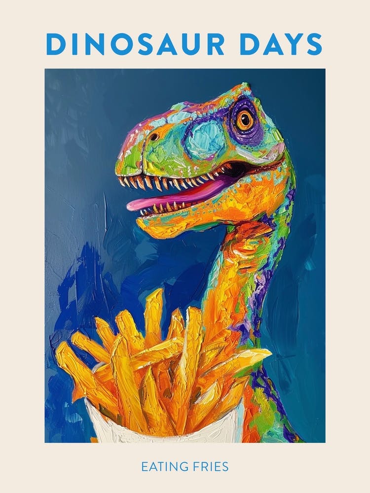 Eating Fries Orange Blue Dinosaur Poster