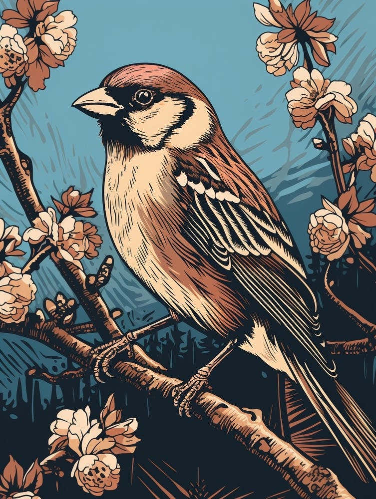 Vintage Bird Linocut House Sparrow 1