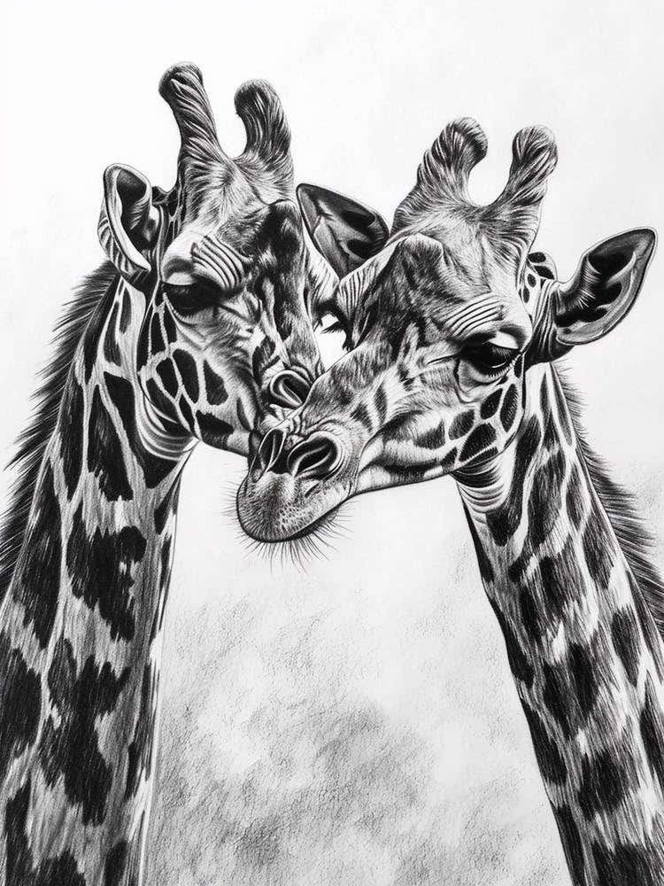 Two Giraffe Together Pencil Drawing 3