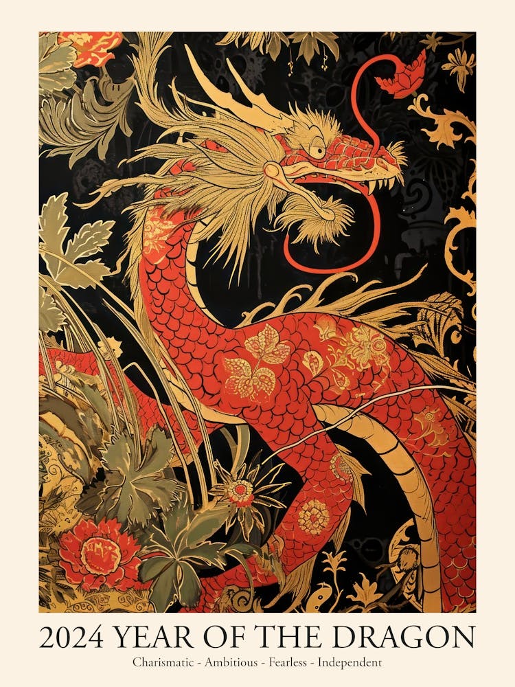 Lunar Year Of The Dragon 2024 Red Dragon Flowers