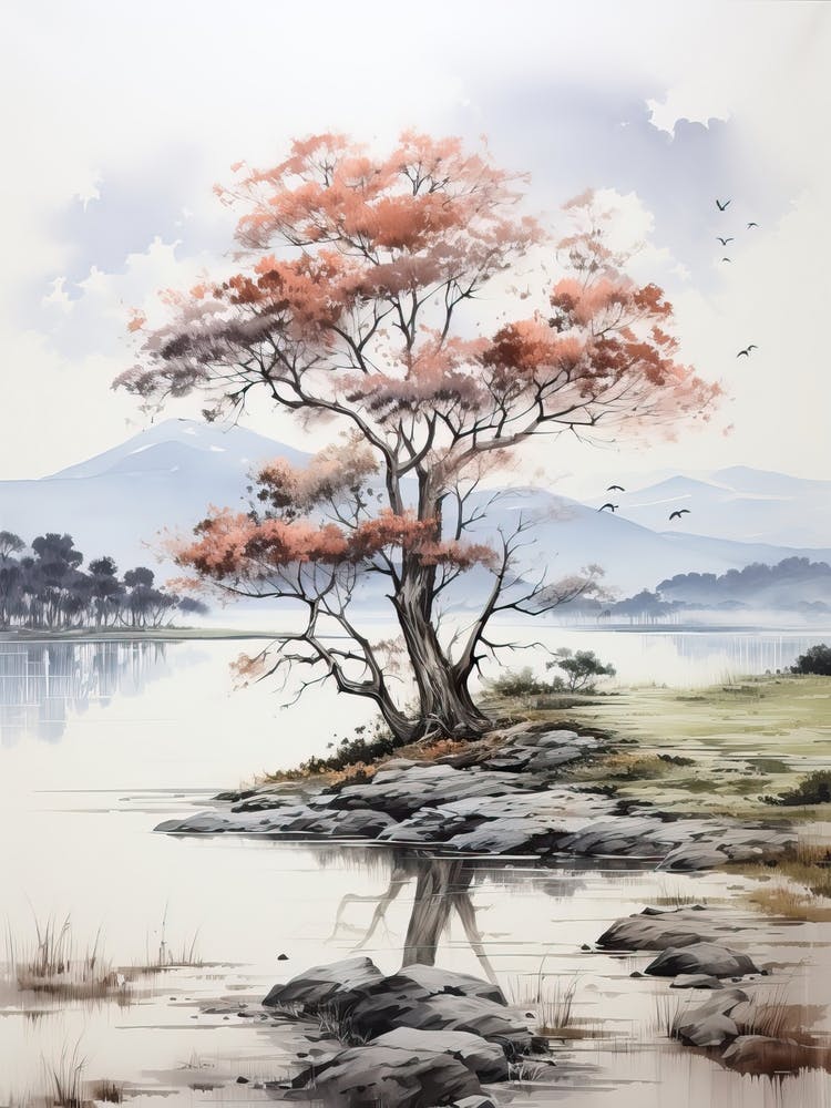 Lake Biwa In Shiga, Japanese Brush Painting, Ukiyo E, Minimal 1