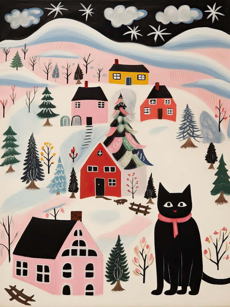 Black Cat Holidays Winter Mountain Village Christmas