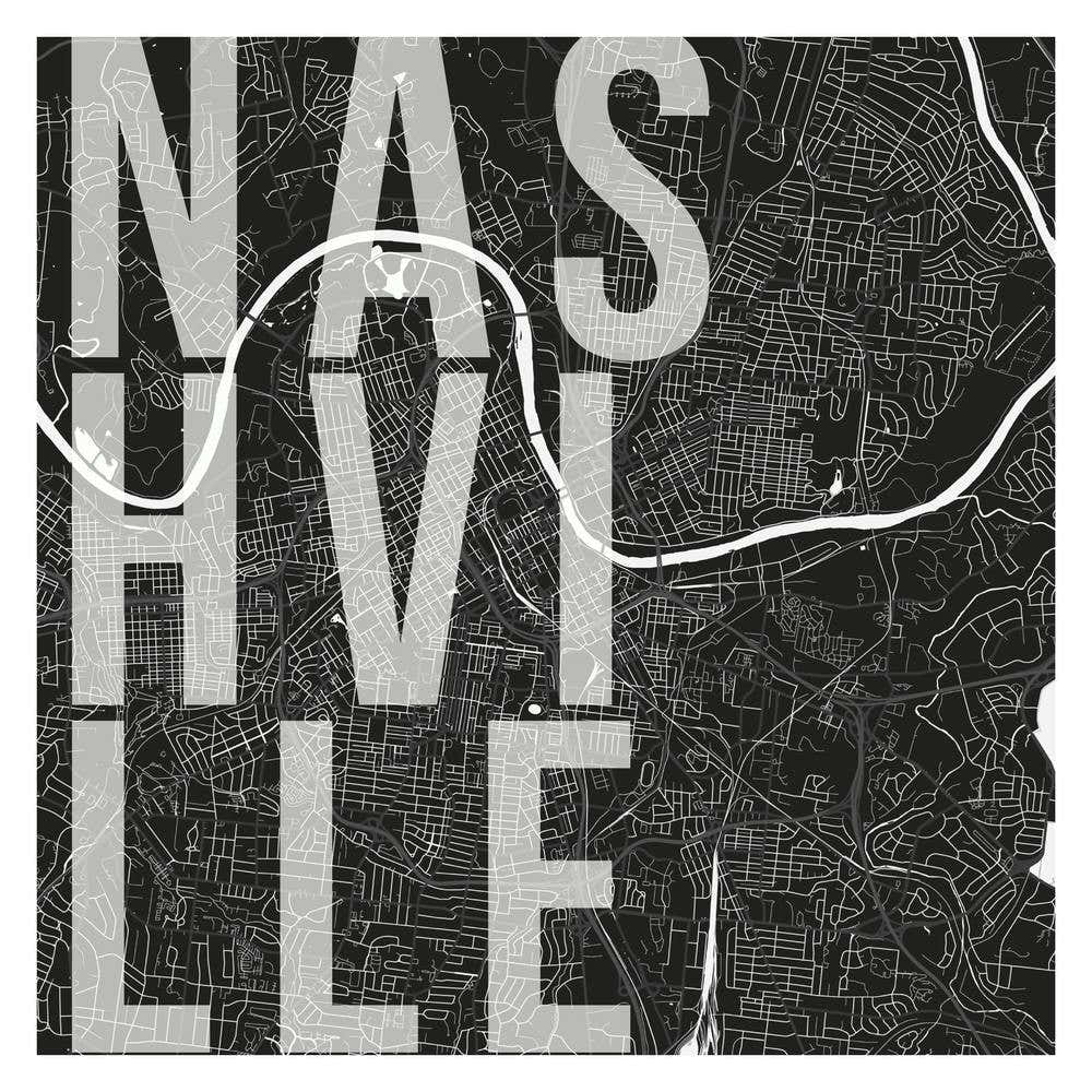Nashville Mono Street Map Text Overlay Square