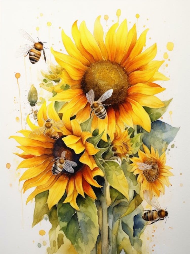 Beehive With Sunflower Watercolour Illustration 3
