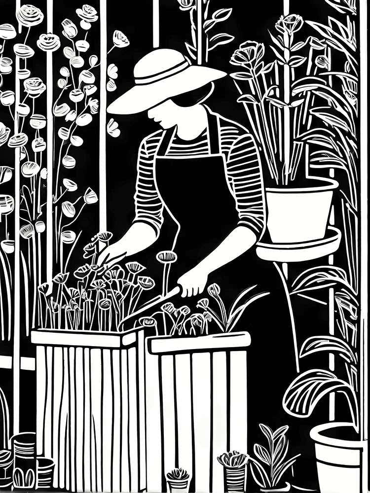 Just a girl who loves Gardening, Lion cut inspired Black and white Stylized portrait of a woman Gardening, 239