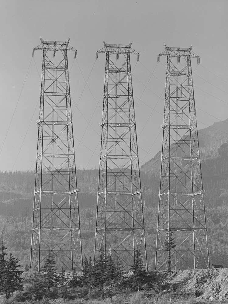Untitled Photo, Possibly Related To Crossing Towers And The Columbia River At Bonneville Dam, Oregon By Russel