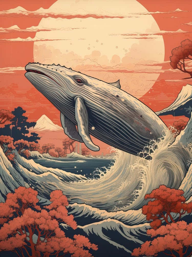 Whale Animal Drawing In The Style Of Ukiyo E 4
