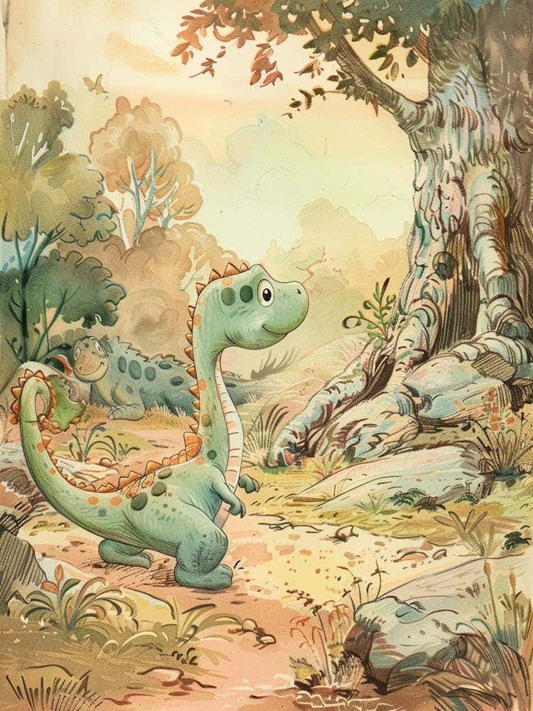Cute Dinosaur In The Wood Storybook Style