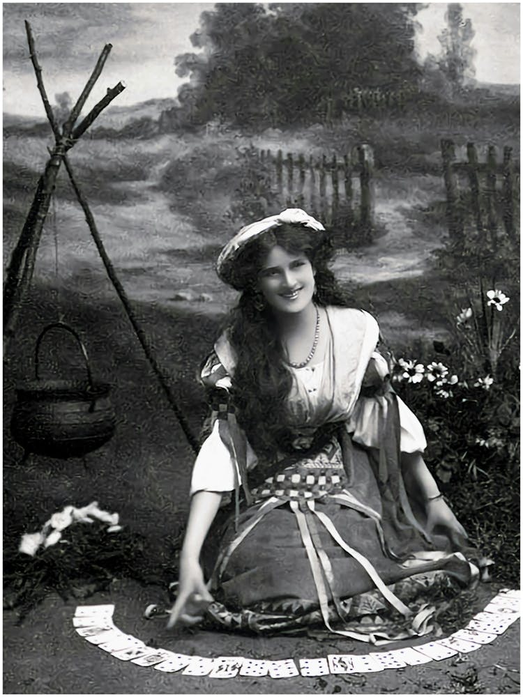 Miss Zena Dare as Gypsy - Reading Cards With Witches Cauldron - Vintage Remastered Witchy Cartomancy Psychic Smiling Victorian Art Deco Era Pagan Fairytale Famous Film