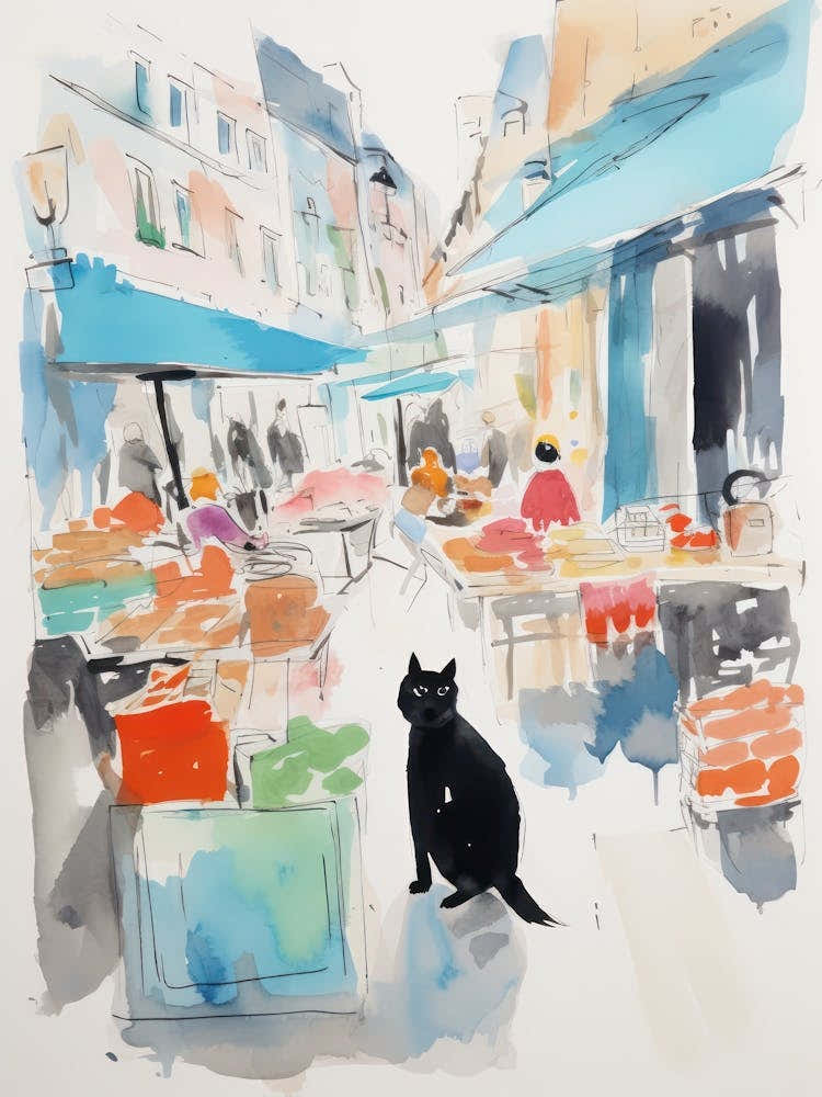 Food Market With Cats In Copenhagen 3 Watercolour