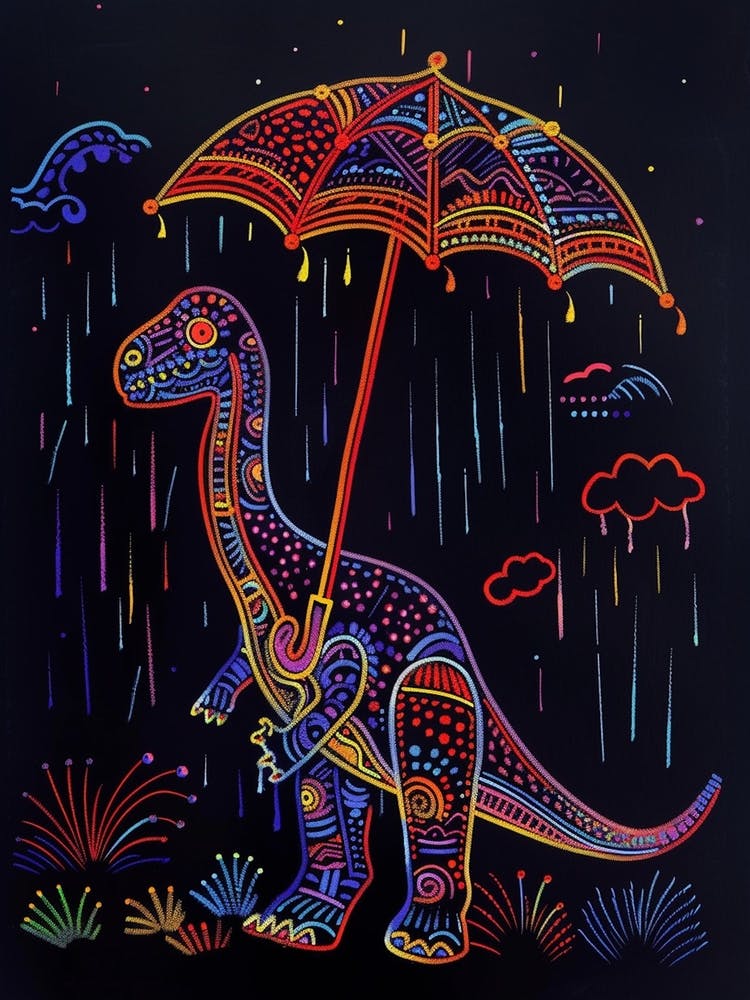 Neon Dinosaur With Umbrella In The Rain 1