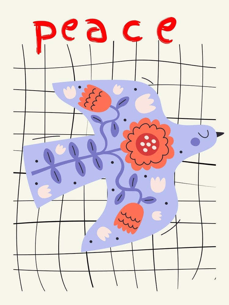 Peace Folk Bird On Grid Poster