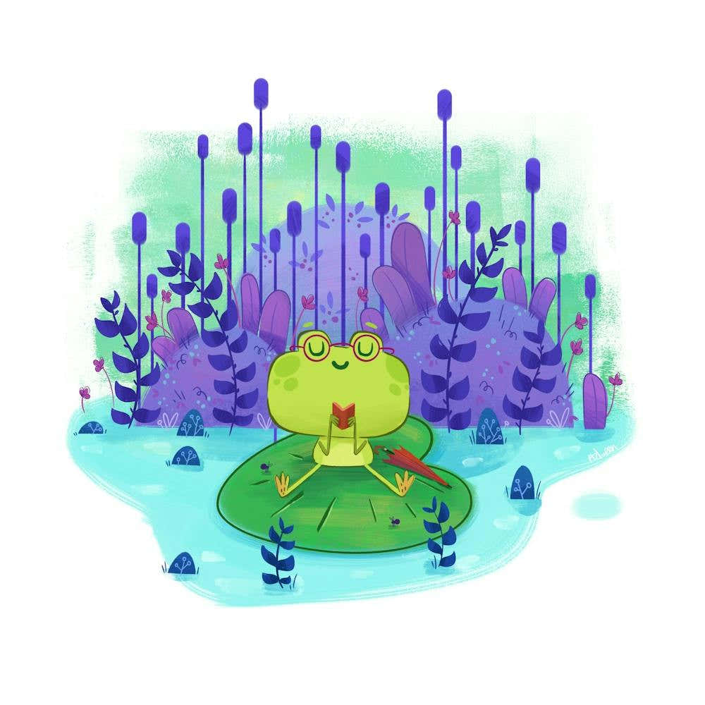 Cute book loving frog