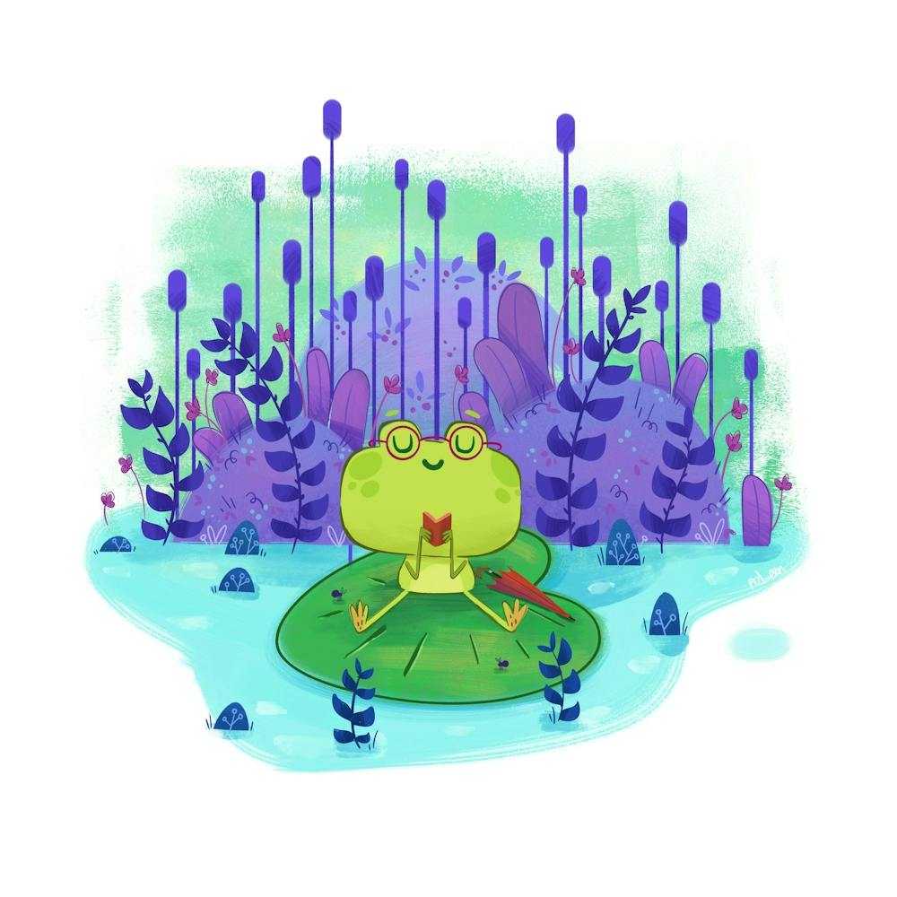 Cute book loving frog