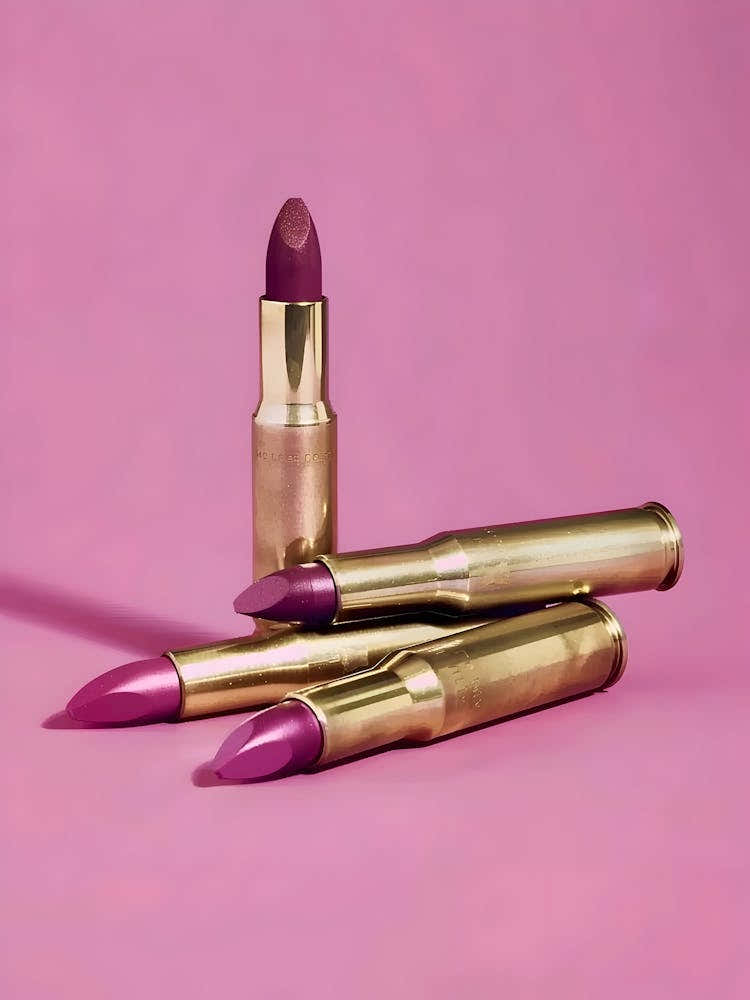 Three Lipsticks On A Pink Background