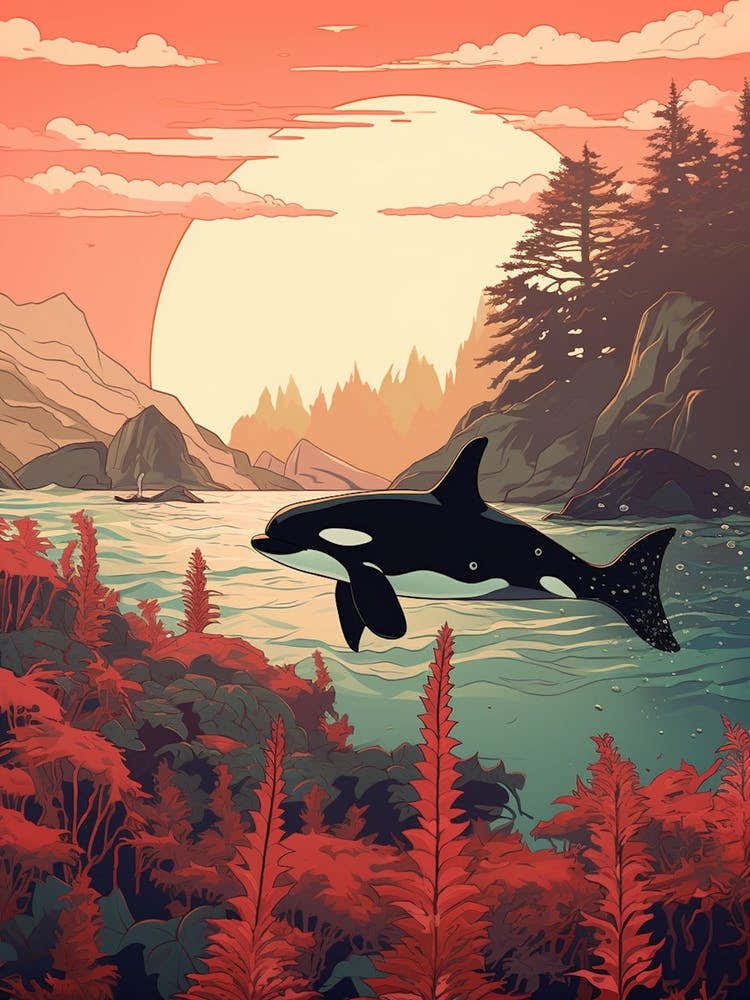 Warm Tones Graphic Design Orca Whale At Sunset 4