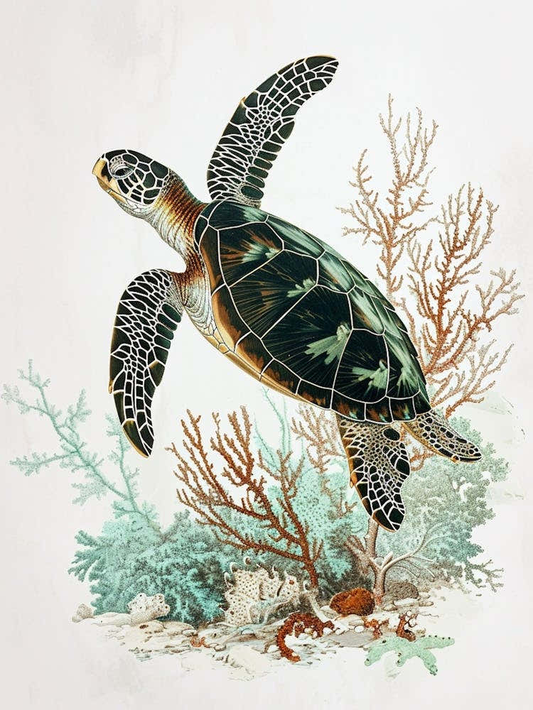 Sea Turtle & Marine Plants Minimalist Painting