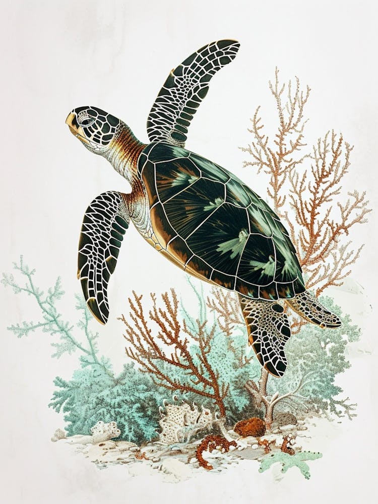 Sea Turtle & Marine Plants Minimalist Painting
