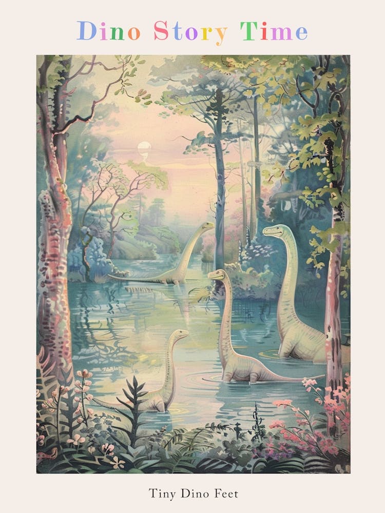 Brachiosaurus Family Bathing In The River Storybook Painting 2 Poster