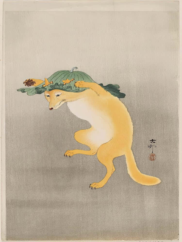 Dancing Fox With Lotus Leaf Hat (1910), Ohara Koson