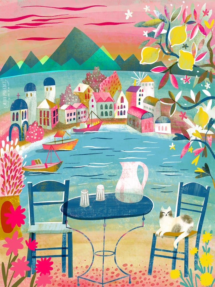 Greek Tavern With Cat Under Lemon Tree