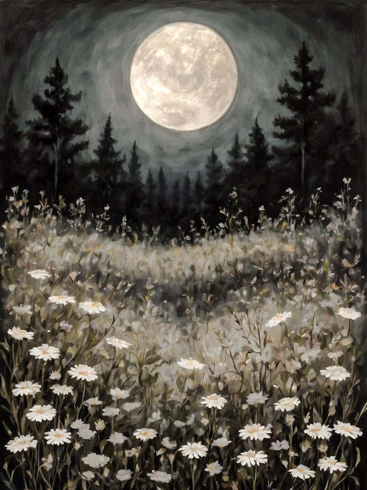 Full Moon Amongst Wildflowers | Witchy Magical Print | Neutral Tones Country Art Pagan Scenery for Feature Wall Decor Meadow Painting in HD